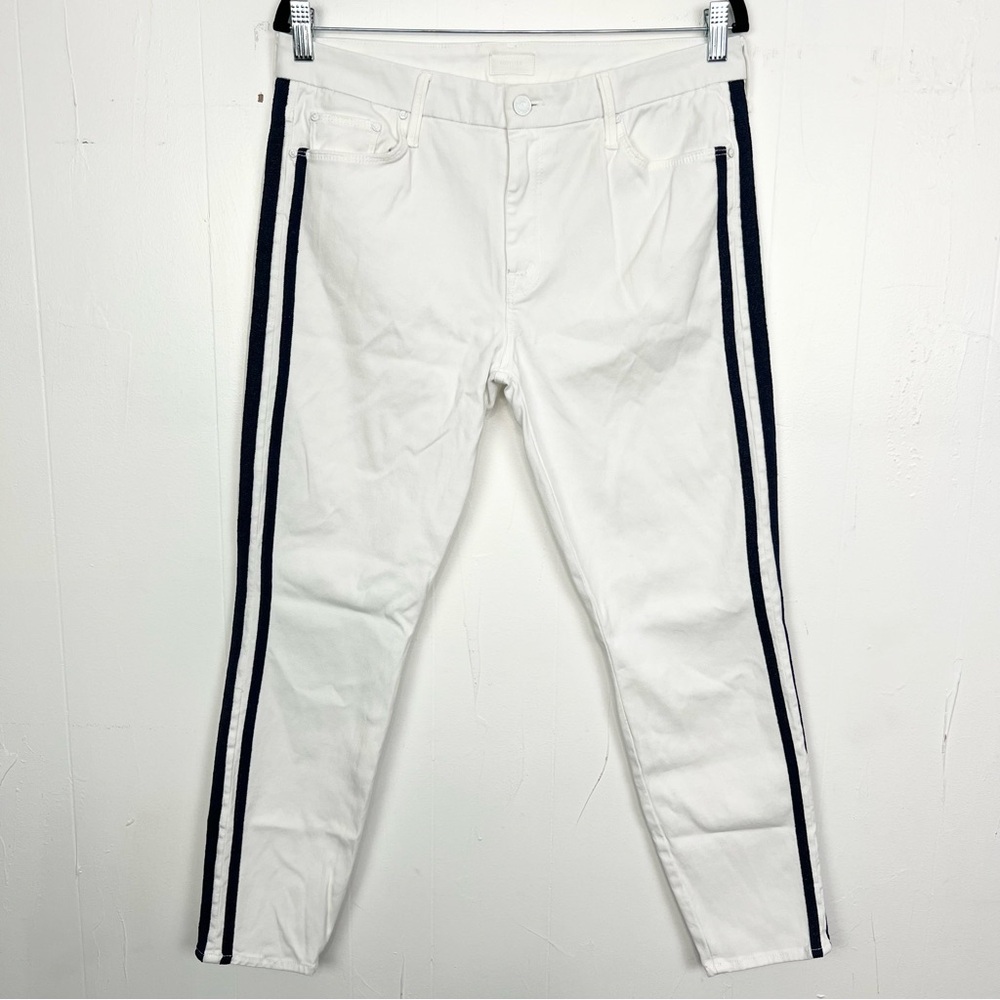 Mother The Looker Glass Slipper Racer Ankle Jeans Sz 32 Tuxedo Stripe‎ White